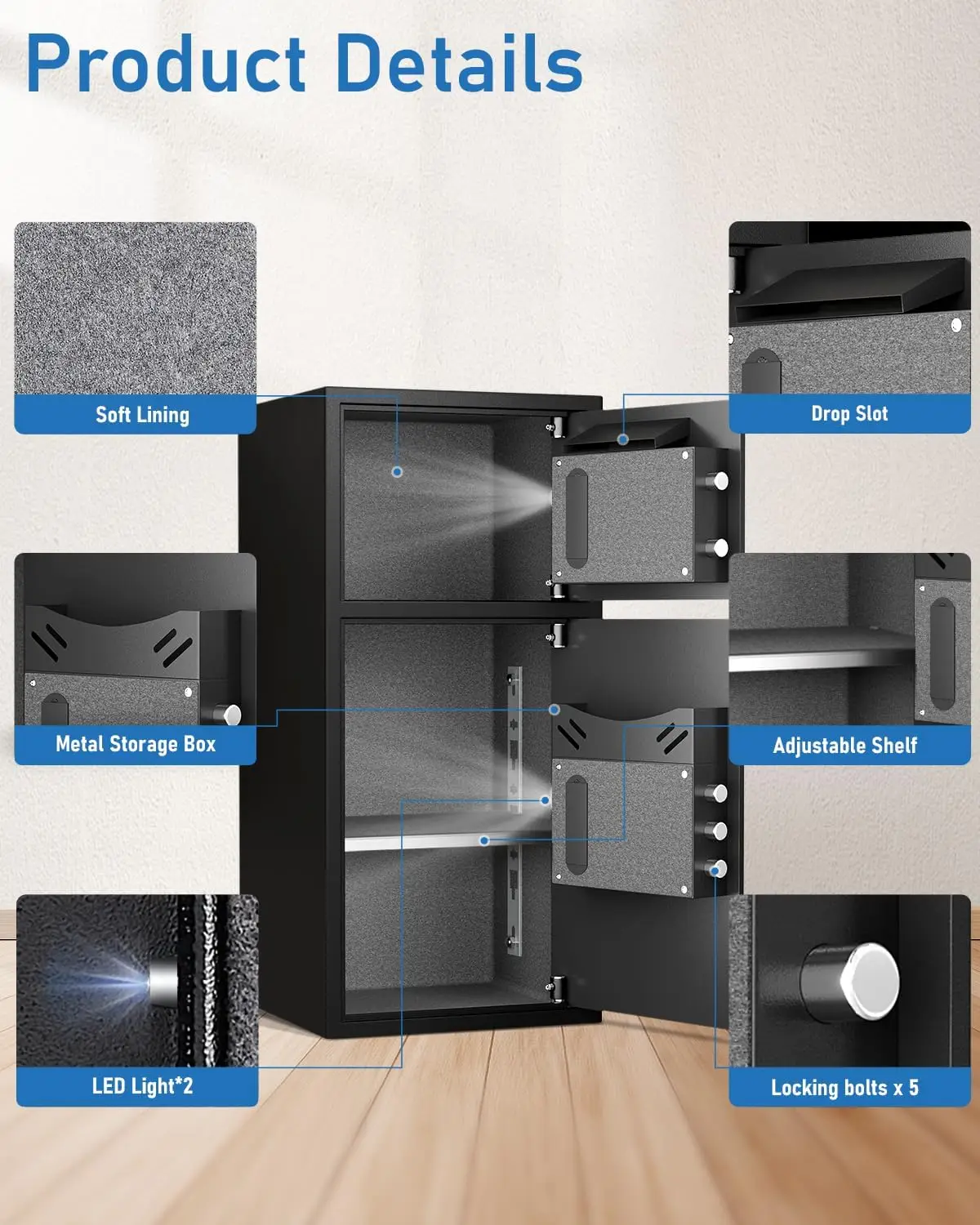 6.5 Cuft Extra Large Home Safe Box Fireproof Waterproof, Fingerprint Safe, Home Security Safes Box with Adjustable Shelf & Depos