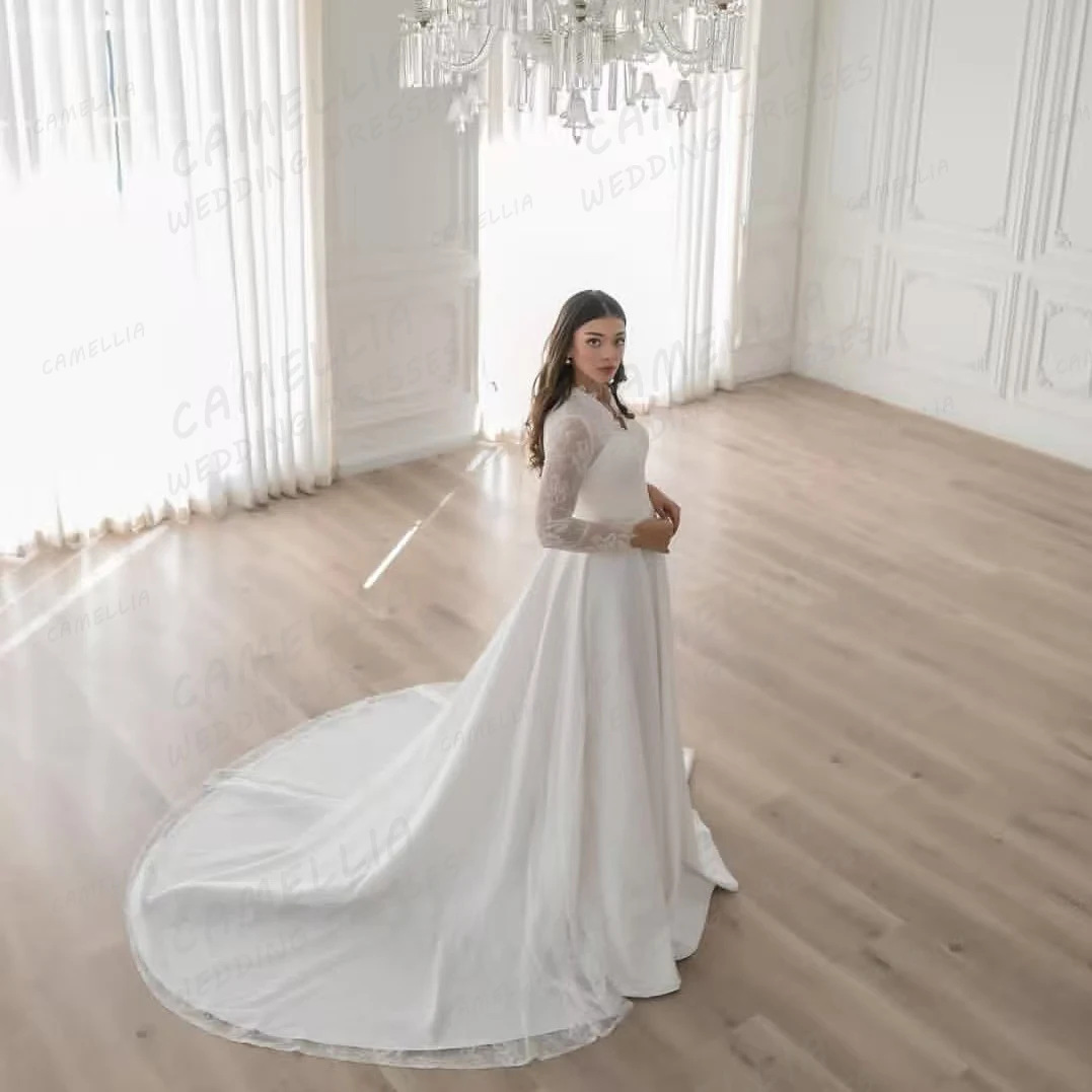 Robes De mariée en dentelle pour femmes, ligne A, avec traîne De balayage, manches longues, avec des Appliques, Gala personnalisé, 2026