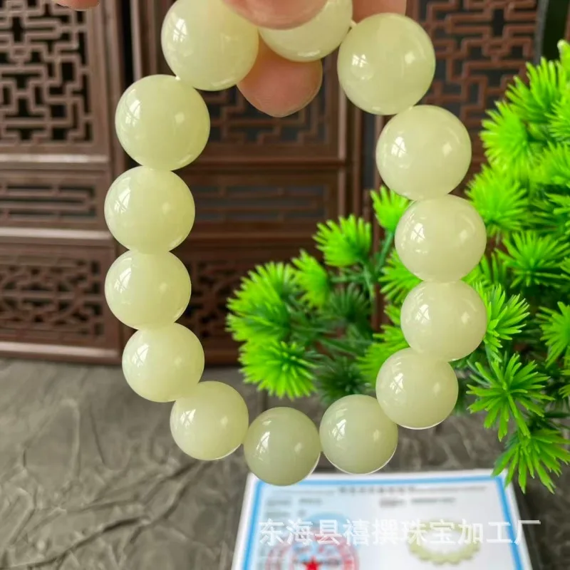 Natural Hetian Russian Jade , Icy Yellow, Smooth And Lustrous, Unisex Versatile Large Round Bead Bracelet