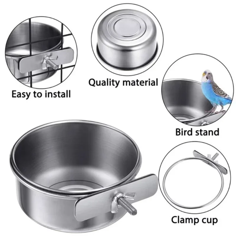 Rabbit Pet Food Dish Hamster Stainless Steel Clamp-on Water Drinker Bird Feeder Parrot Feeding Bowl Cage Cup Pet Hanging Bowl view 5