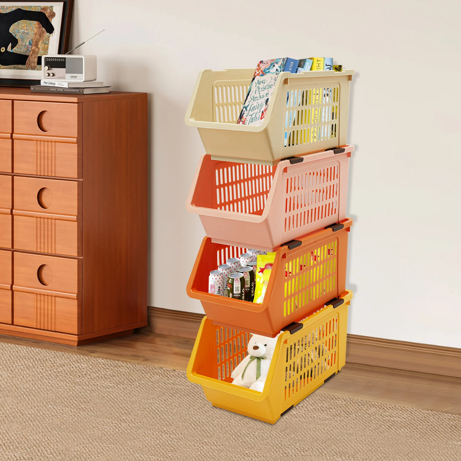 ตะกร้าเก็บของขนาดใหญ่แบบซ้อนได้, ชุดกล่องจัดระเบียบ 4 ใบพร้อมหูหิ้ว, กล่องพลาสติกพับได้สำหรับจัดระเบียบตู้เสื้อผ้าและห้องเก็บของ