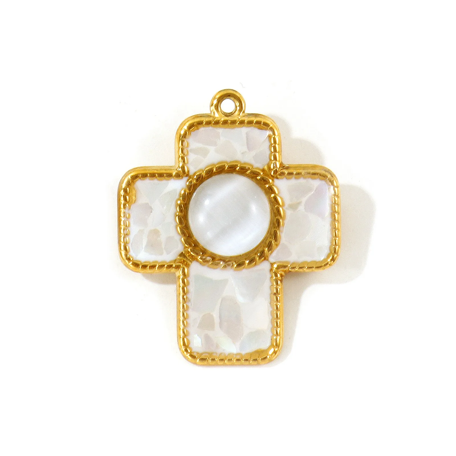 1 Stück Mehrfarbiger Naturmuschel-Anhänger 18K Vergoldetes Kreuz Synthetisches Katzenauge Charms für DIY Halskette Schmuckherstellung Großhandel – Detail 9