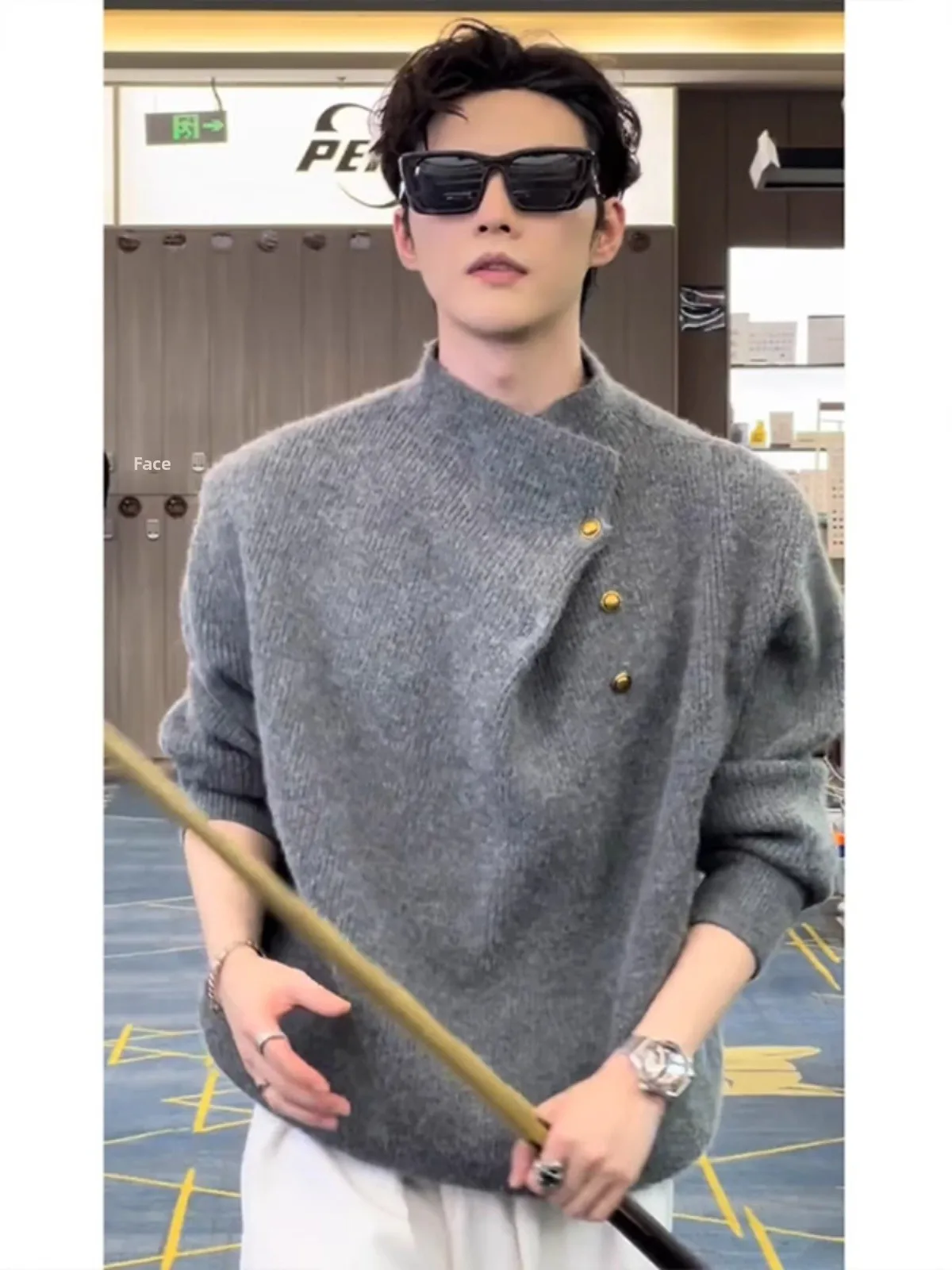 

High Collar Knitted Sweater Men's Autumn Winter Faion Brand f High Collar Irregular Button Design Cool Haome Outerwear