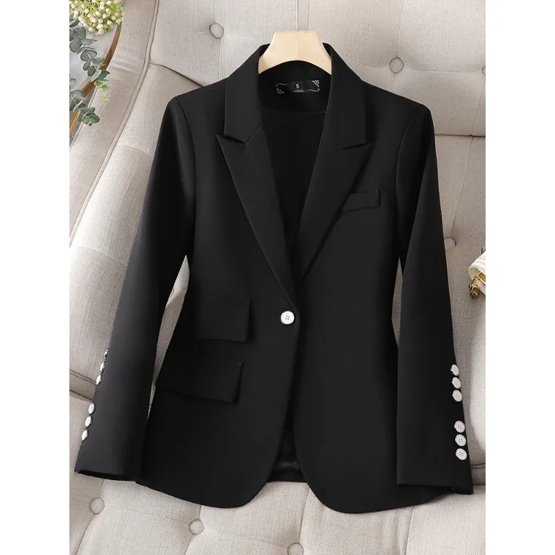 Traje de oficina para mujer, Blazer de manga larga con un solo botón, color negro y Beige, chaqueta informal lisa