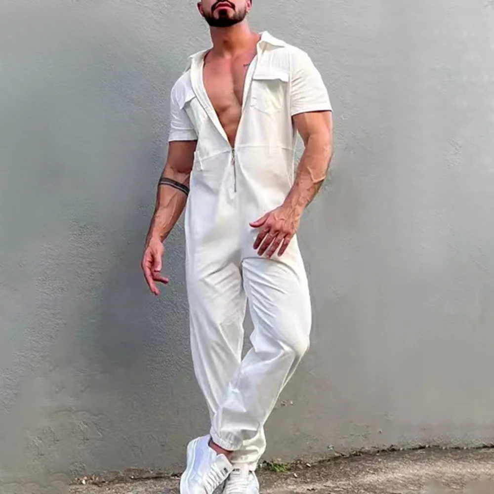 Mens Solid Color Overalls American Style Street Hip-Hop Fashion Retro Simple Handsome Casual Cargo Pant 2024 Spring And Summer