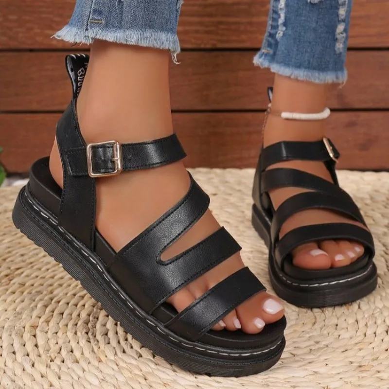 Women Sandals 2024 Spot Large Summer New Thick Sole Sandals Line Casual Roman Beach Sandals Cross Border Fashion Buckle Shoes