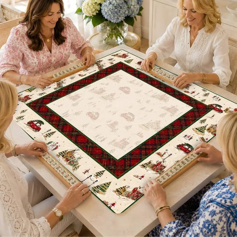 VIKAMA Christmas Postage Stamp Mahjong Mat Table Cover For Game Night Party Family Gathering Board Game Tablecloth Xmas Decor