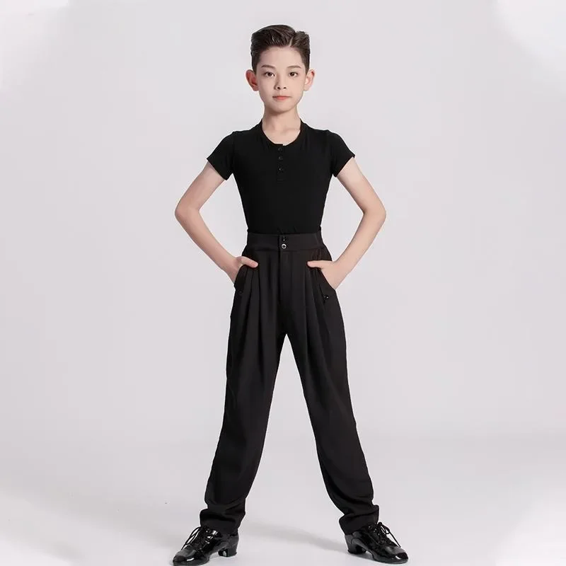customized New children's Latin men's buckle short sleeved slim fit pants dance practice set professional performance costume