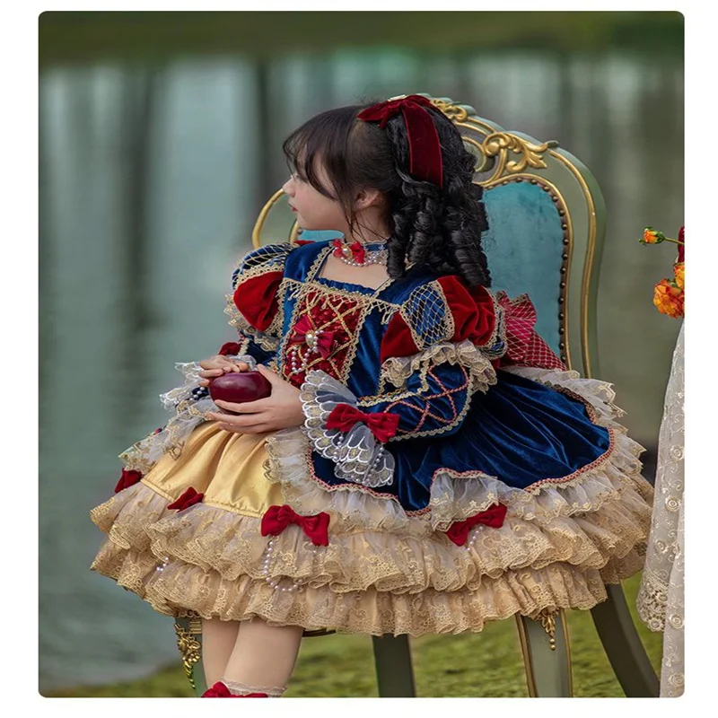 Baby Girl Spanish Princess Lolita Dress for Birthday Party Autumn Winter Royal Blue Velvet Palace Vintage Pompom Boutique Gowns