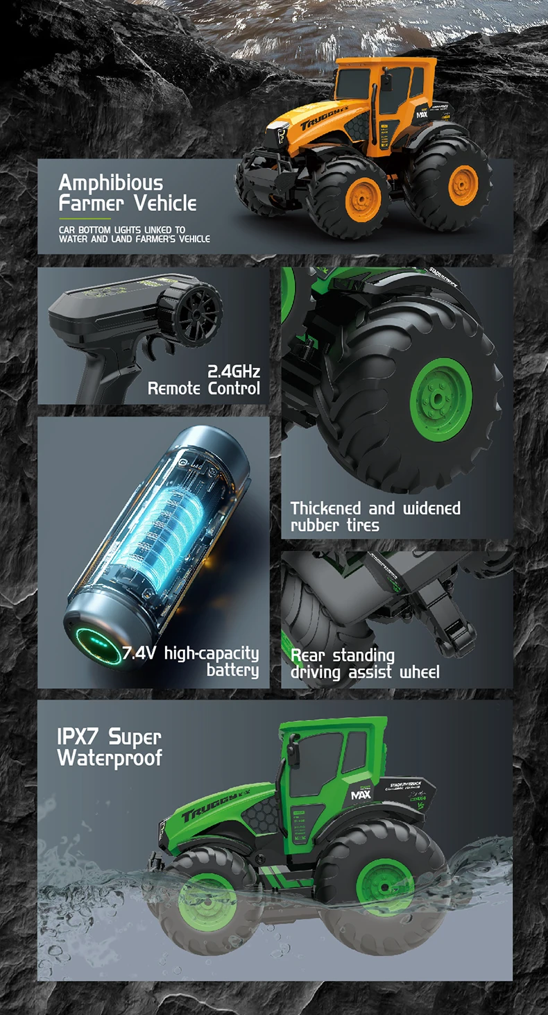 

2.4G DEMO 4WD Remote Control Amphibous Car 1:18 All Terrain Off Road Water Land Car Waterproof Agricultural RC Truck Toy Vehicle