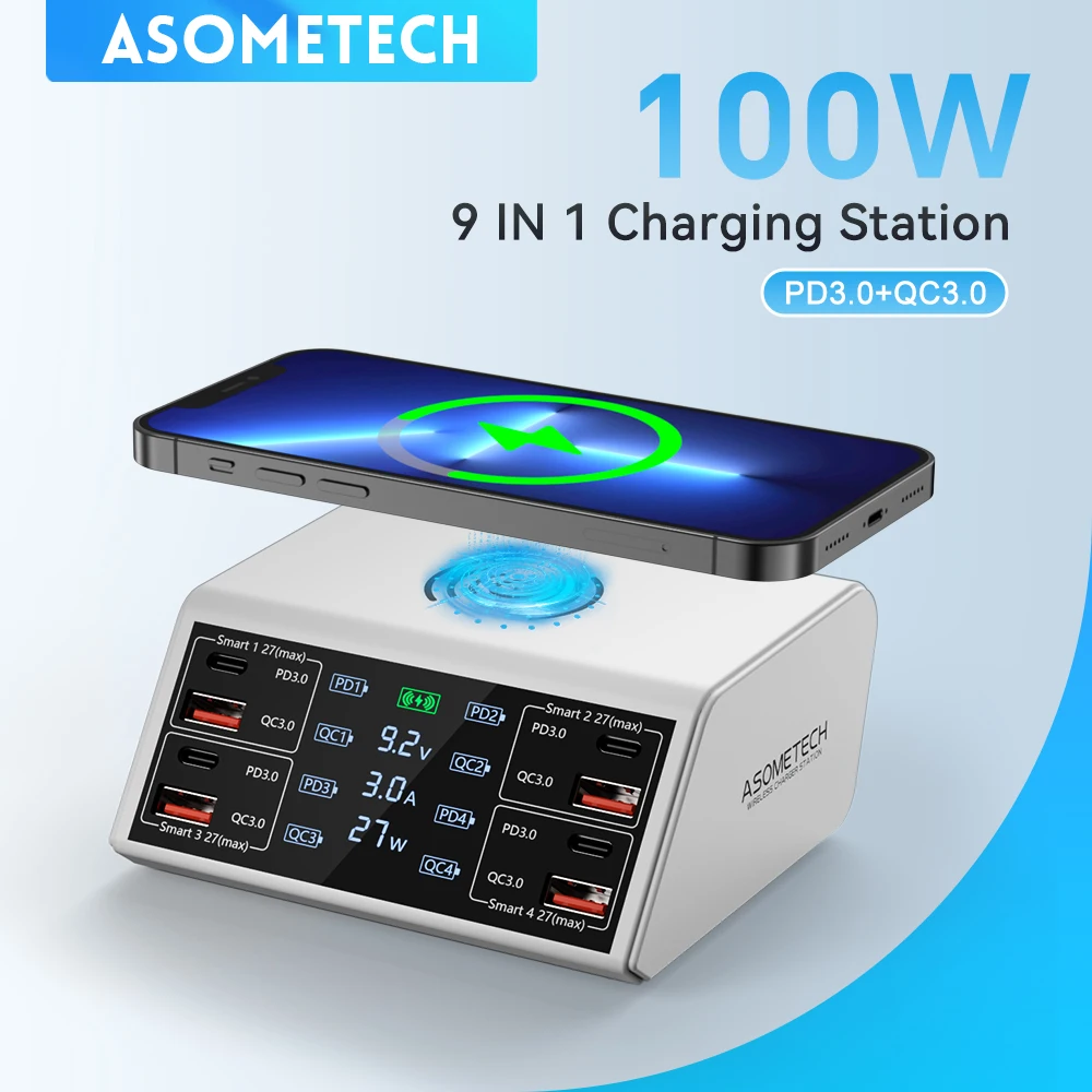 ASOMETECH 100W USB C Fast Charger Station,4 QC3.0 + 4 PD3.0 PPS + Wireless Charging,9 in 1 USB Charger For Samsung iPhone iPAD