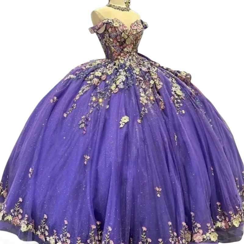 Aa41 feito sob encomenda mexicano roxo quinceanera vestidos 3d floral aniversário princesa formal doce 15 16 vestidos de baile xv anos