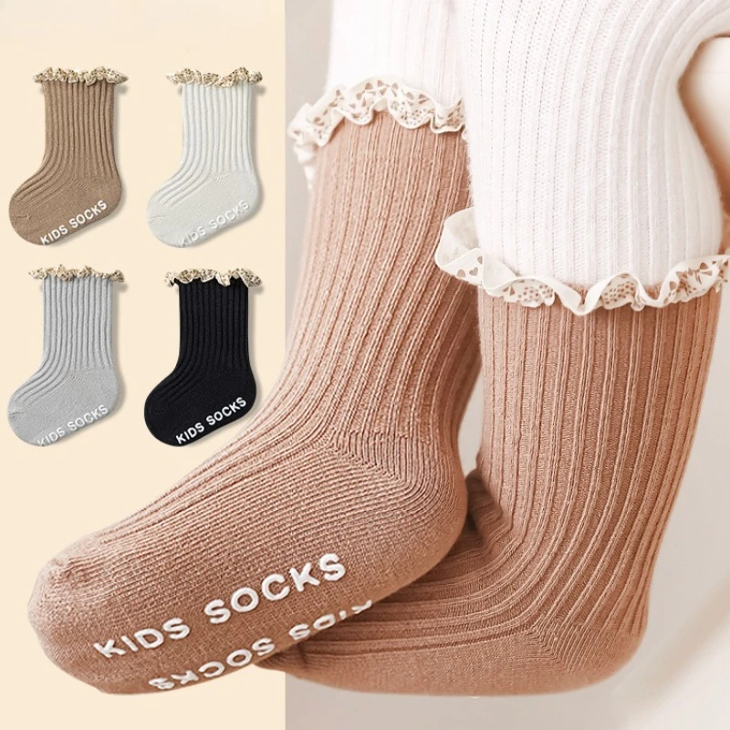 

1 Pair Combed Cotton Baby Calf Socks with Lace Trim Non-Slip Grips for Newborn Infant Toddler Spring Summer Soft Kids Sock