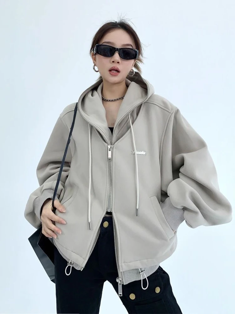 HOUZHOU Hooded Jacket for Women Spring Autumn Loose Zipper Patchwork Hoodies Cardigan Sweatshirts Coats Streetwear Casual