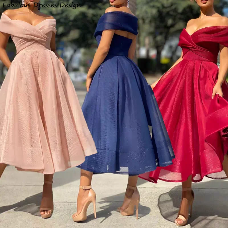 

Tulle Pleat A-line Bridesmaid Dresses Tea Length Off Shoulder Sweetheart Neck Maid Of Honor For Women Wedding Party Dress