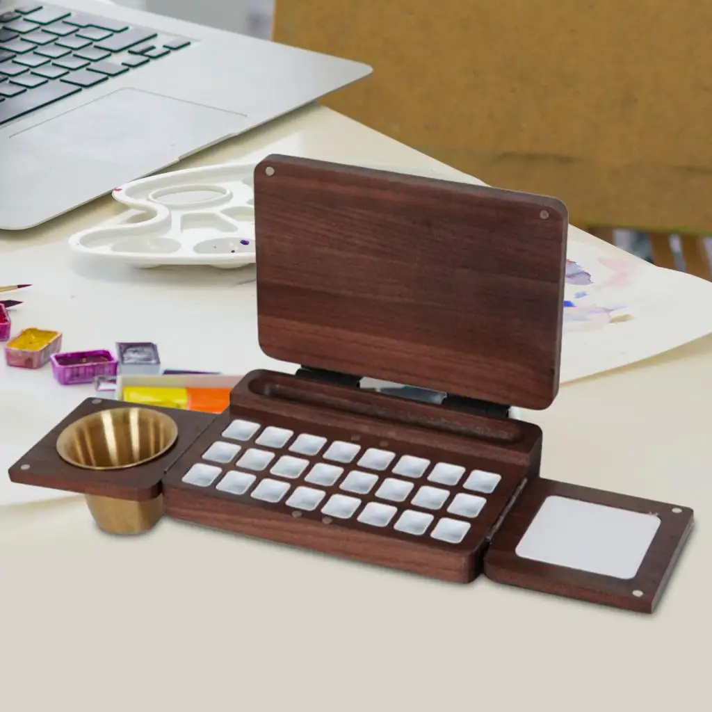 Empty Wooden Watercolor Palette Box Folding Paint Tray with Lid for DIY Painting and Travel Sketching Portable Art Supply