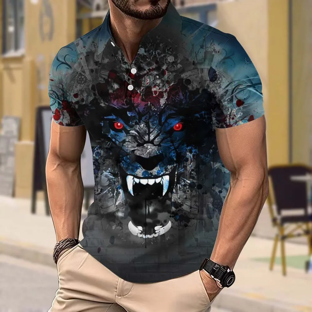 New summer men's fashion POLO shirt fierce tiger 3D printing Polo hiphop street slightly elastic loose large size men's clothing