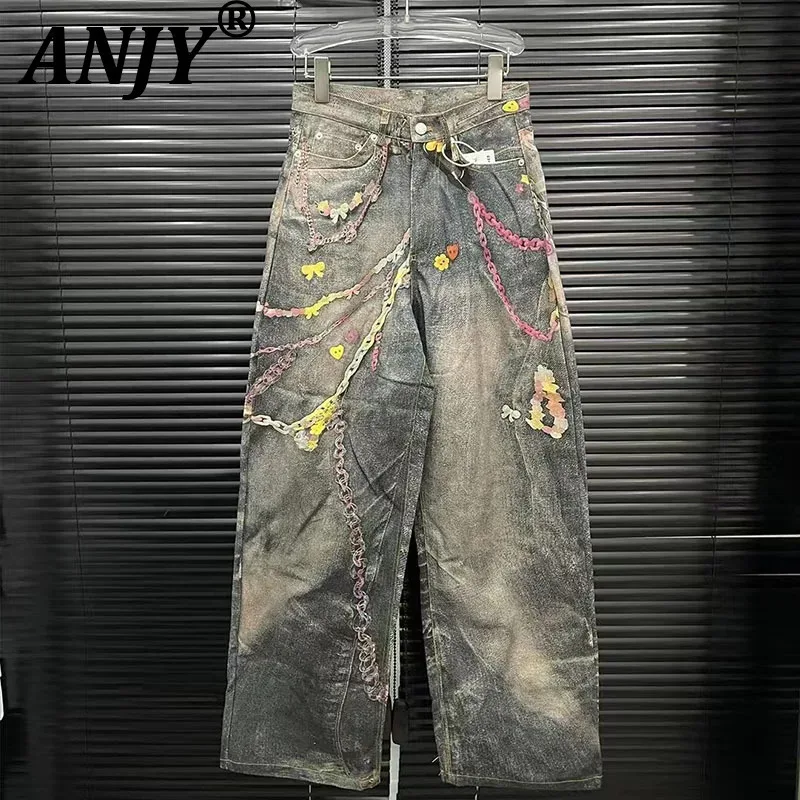

ANJY осень-зима новая женская уличная одежда с цепочкой и принтом контрастного цвета модные джинсы нишевый дизайн шикарные повседневные джинсовые брюки A11234