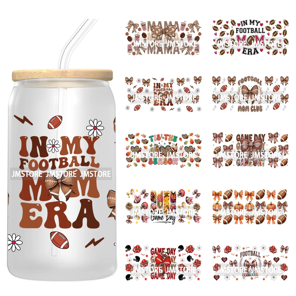 

In My Football Mom Era Game Day Coquette Bow UV DTF Cup Wrap Ready To Apply UV Stickers Waterproof For 16OZ Libbey Glass Can Cup