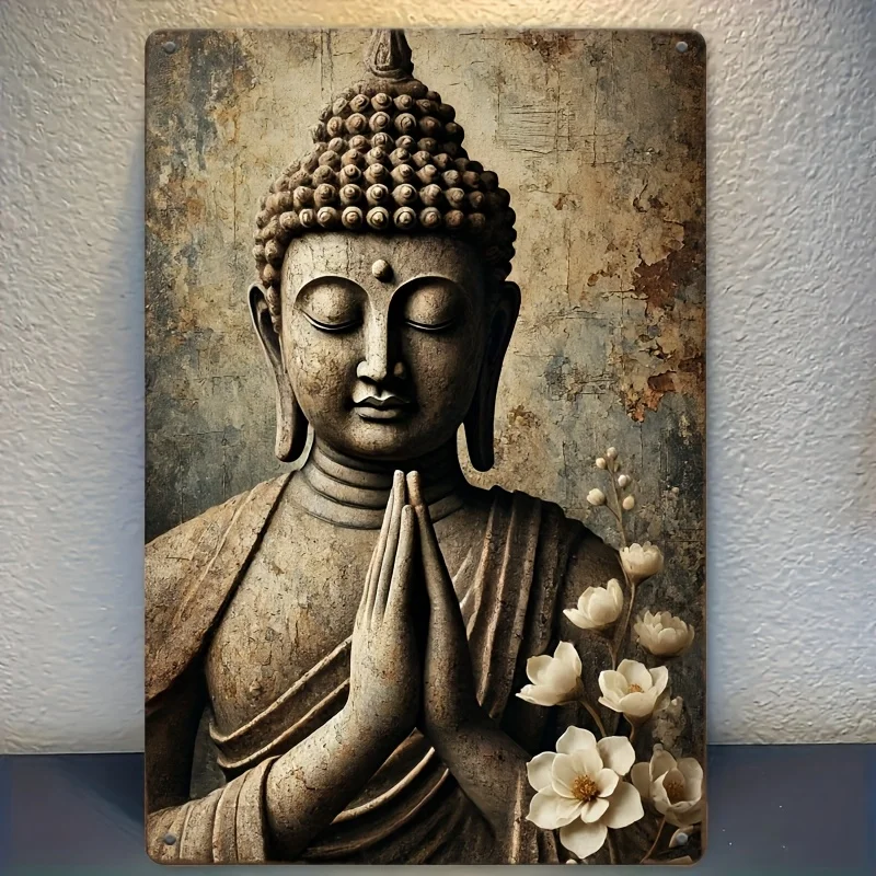 Vintage-Buddha-Statue aus Metall – Wandkunst – rustikales Eisenschild mit ruhigem altem Stein-Buddha-Design, perfekt für Zuhause, Büro, ca