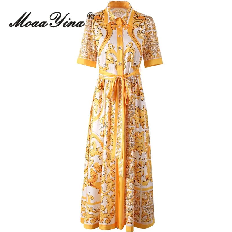 

MoaaYina 2024 Summer High Quality Women Dress Bohemian Print Sashes Temperament Turn-down Collar Single Breasted Dresses