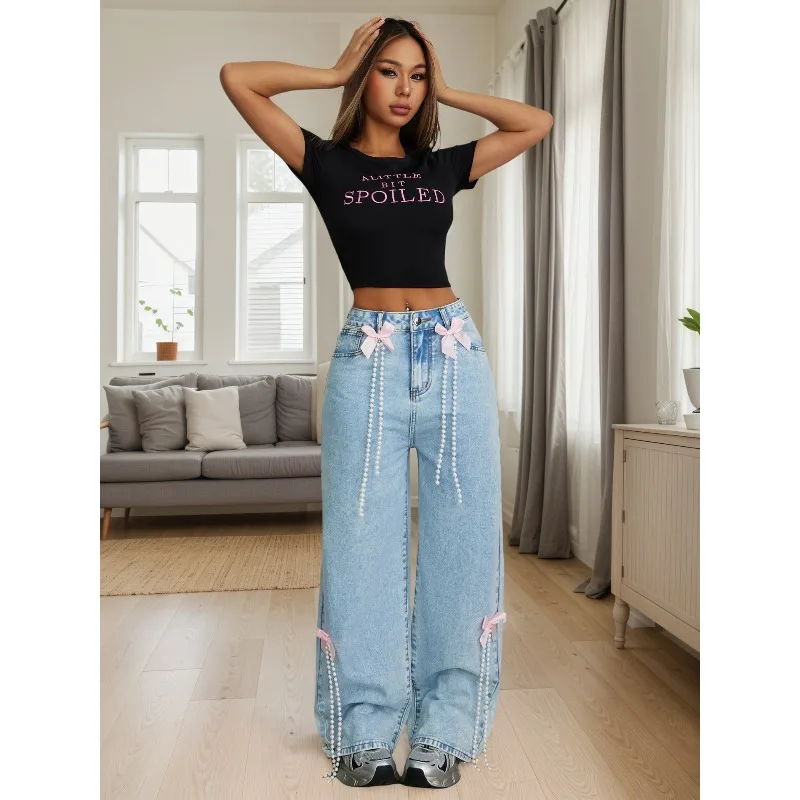 

Новинка: Модные женские джинсы Hight Quietly Fashion с эффектом потертости, широкие, свободные, прямые, с декоративным бантом, повседневные, из денима