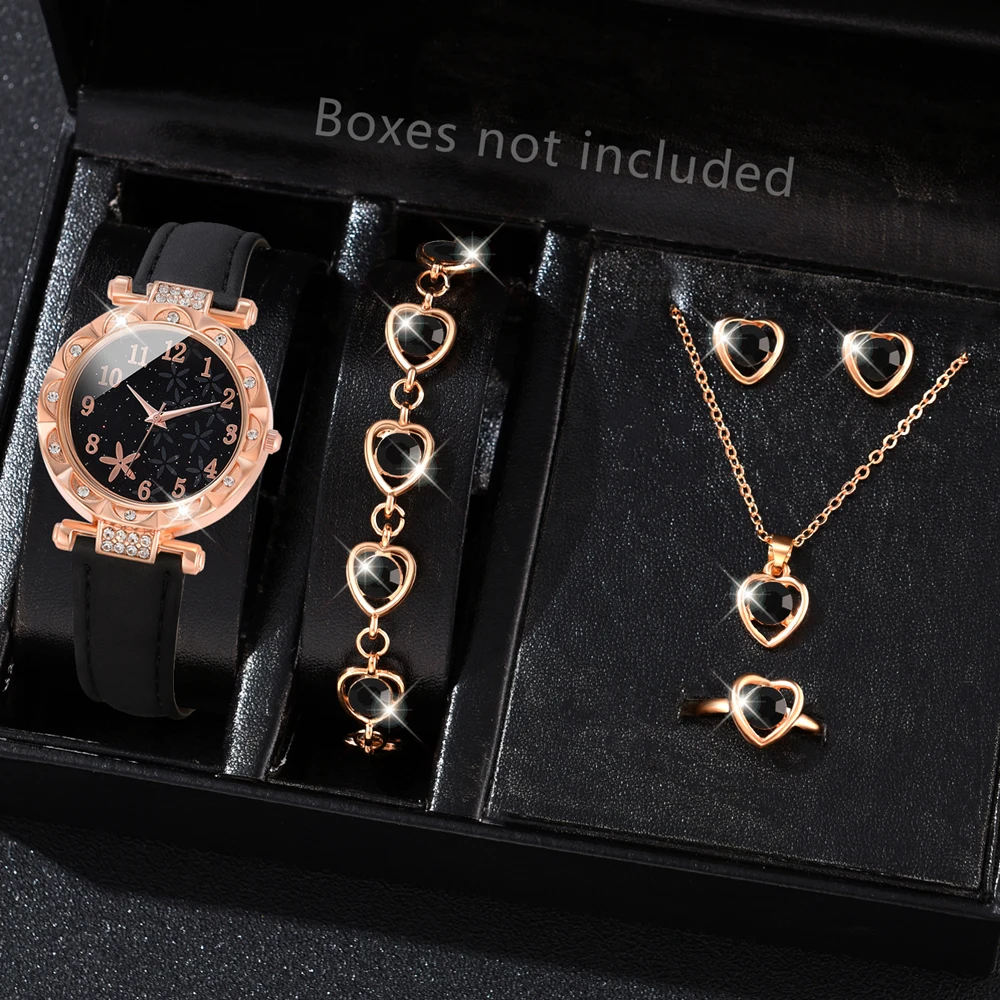 

6 шт., комплект черных женских часов, модные модные цифровые весы, круглый циферблат, кварцевые часы, браслет, ожерелье, серьги, комплект, идеальный подарок