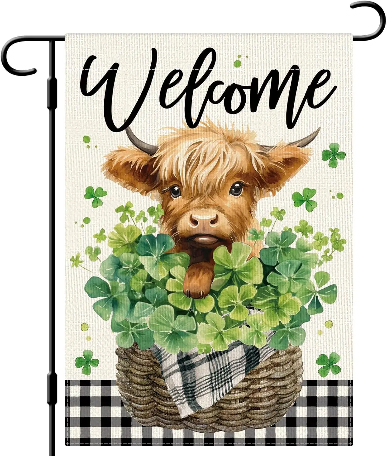 DLZDN Welcome St Patricks Day Highland Cow Garden Flag Shamrocks Clovers Garden Flag 12×18 Inch Double Sided Buffalo Plaid F EEZ