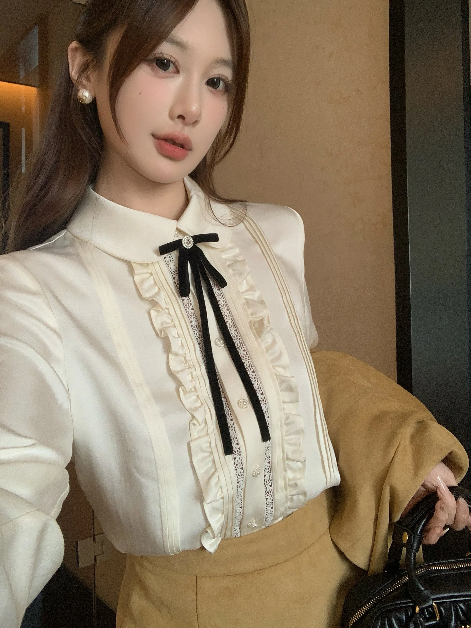 

Ele Acetate Long Sve irt Women's Early Autumn Knot Collar Cuff Gored Hemline Court Sle Top Breathable Sk...