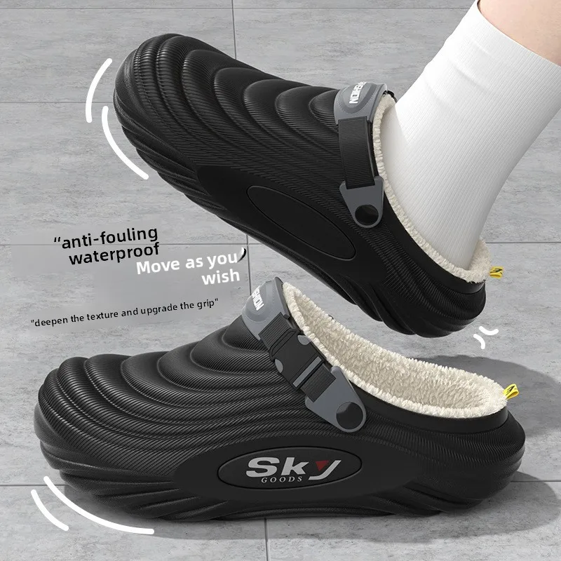 Autumn Winter Men's Closed Toe Slippers Waterproof Non‑Slip Thick Sole Warm Fleece Home Shoes Wearable Outdoors For Driving
