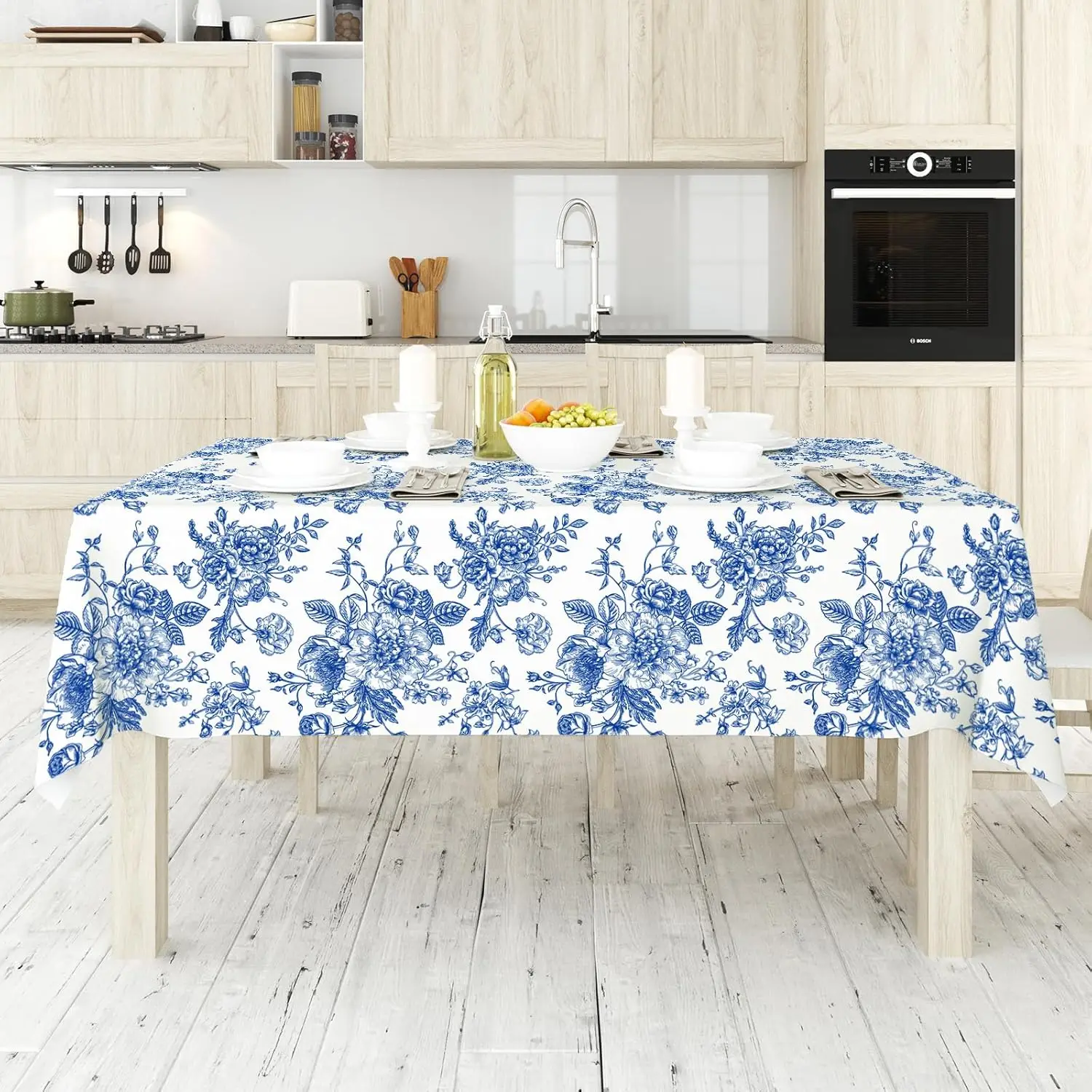 Blue and White Porcelain Floral Waterproof Tablecloth Holiday Party Decor Reusable Rectangle Tablecloth Wedding Decorations