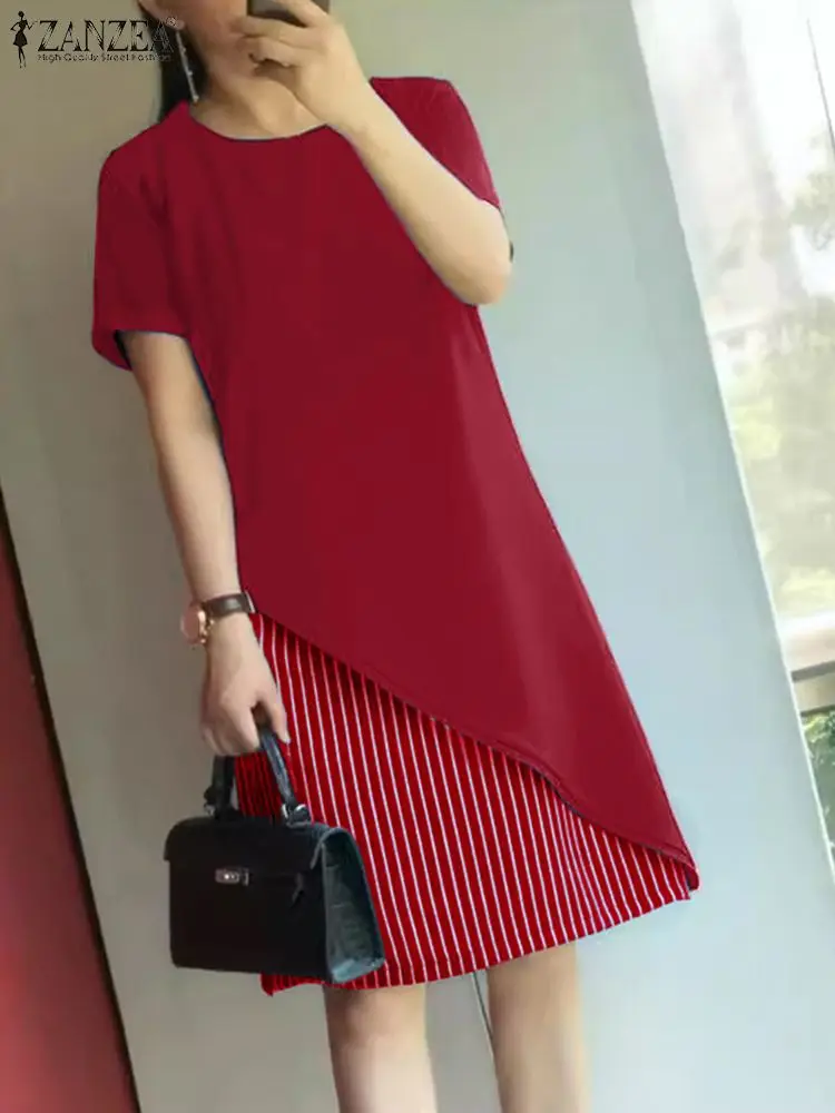 ZANZEA Korean Stripes Patchwork Midi Dress  FashionWomen Elegant Short Robe 2024 Summer Round Neck Short Sleeve Vestido Oversize