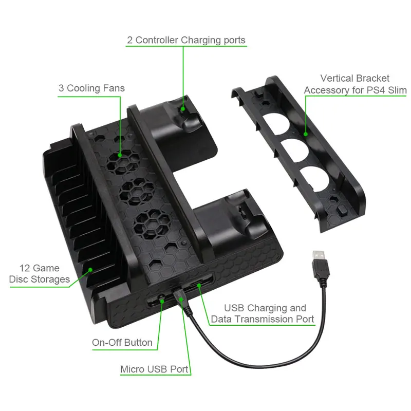 듀얼 컨트롤러 충전기 도크 및 게임 저장 슬롯이 있는 수직 스탠드 냉각 베이스, PS4 슬림 프로 게임 콘솔용, 3 팬