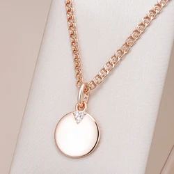 Kinel Hot 585 Rose Gold Color Round Coin Pendant Necklaces for Women Simple Natural Zircon Glossy Pendant Daily Fine Jewelry