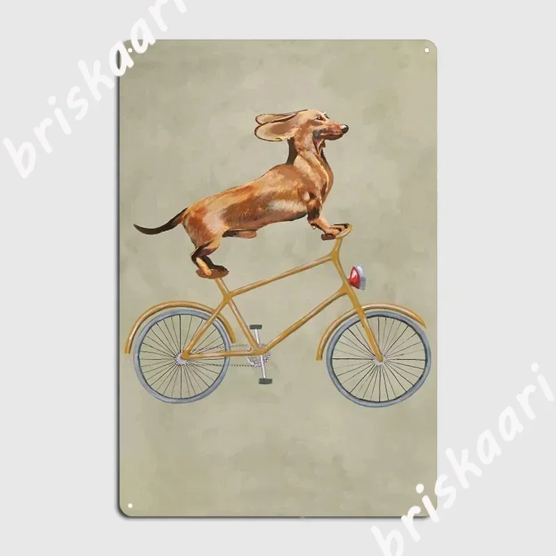 Dachshund On Bicycle Funny Doxie Dog Mom Dad Pet Lover Poster Metal Plaque Garage Decoration Mural Tin sign Poster
