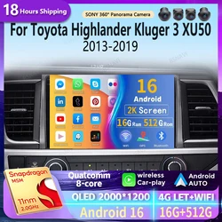 Android 16 WIFI+4G Car Radio For Toyota Highlander Kluger 3 XU50 2013 2014 - 2019 Navigation GPS Multimedia Player Stereo DSP BT