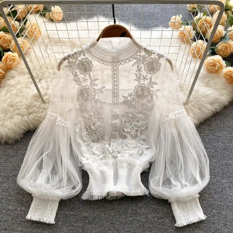 Lace Mesh Lantern Sleeve Shirt Women Elegant 3D Floral Mesh Party Blouse Long Puff Sleeve Sexy Sheer Bottoming Shirt Tops