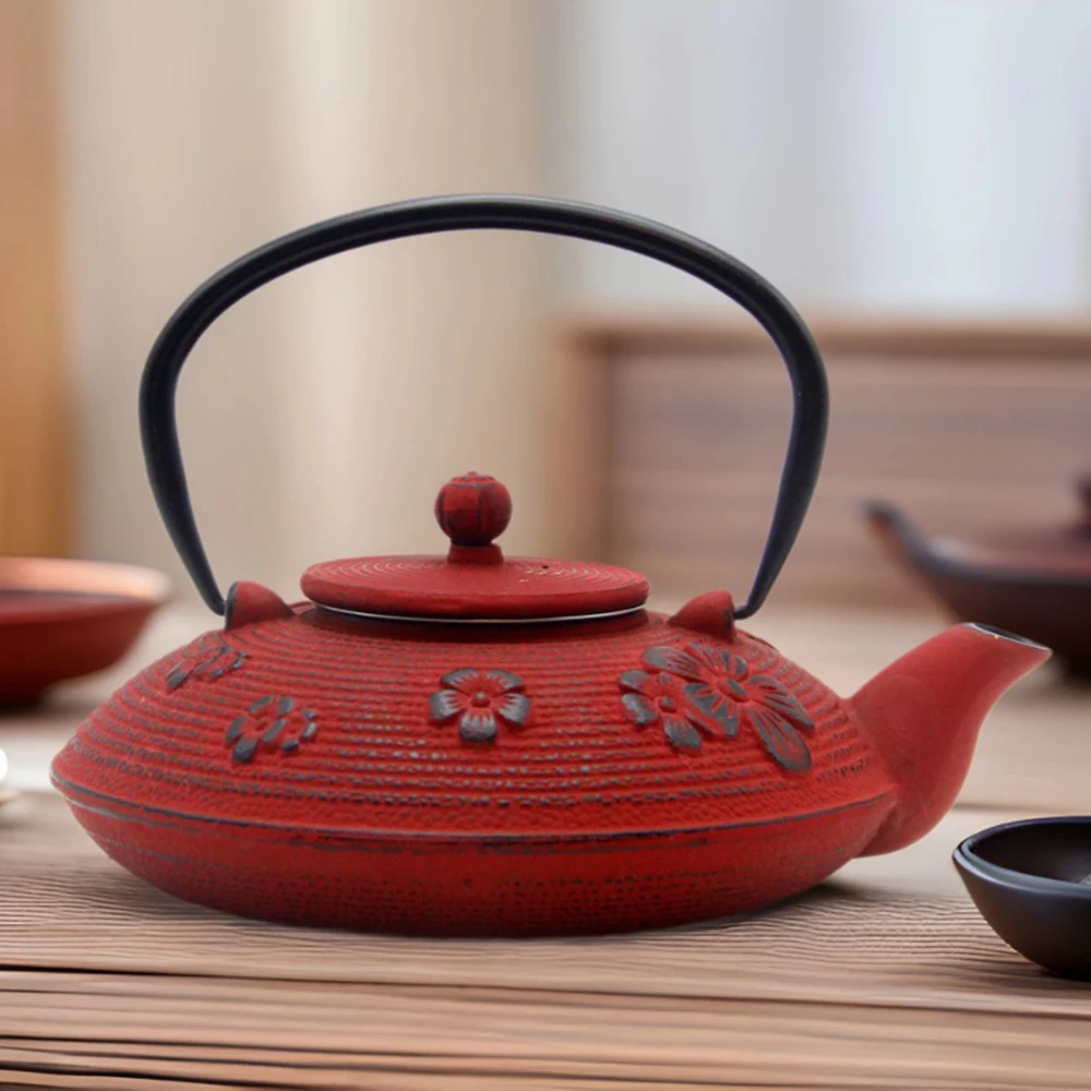 Japanese Cast Iron Teapot, Handmade Sakura Flat Kettle with Tea Infuser, Stovetop Safe, Home Health Tea Set for Boiling Water