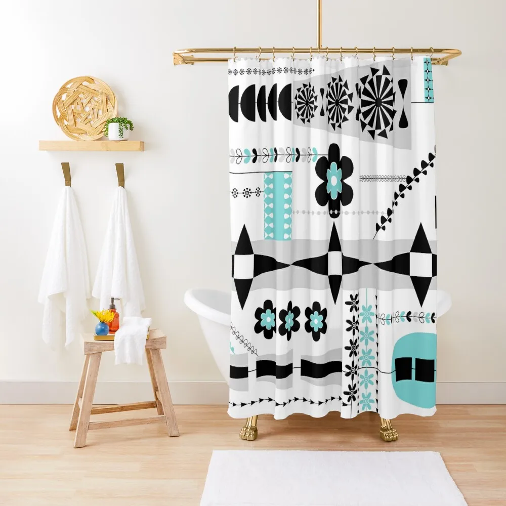 

Funky Mid Century Modern Print - Aqua Black White Gray Shower Curtain In The Bathroom Shower Waterproof Curtain
