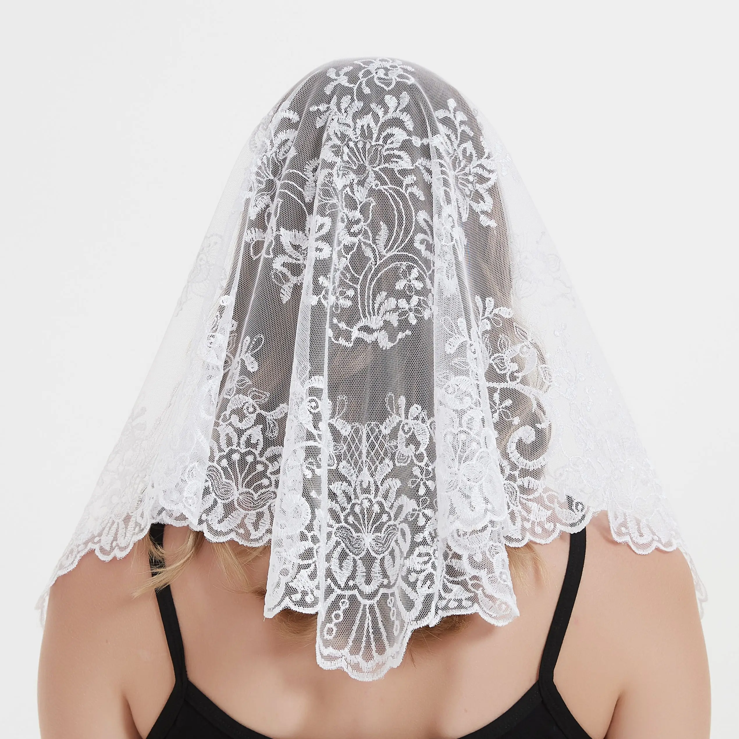 Mantilla de encaje de estilo español bordado blanco, velo católico de boda, Iglesia