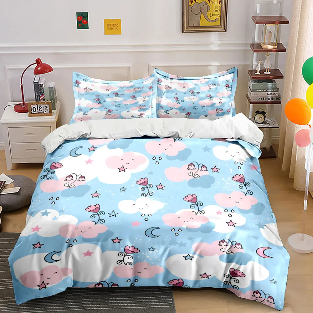

Dreamy smiling clouds and crescent moons Pattern Duvet Cover Set Digital Print Colorful Polyester Bedding with Zipper Closur