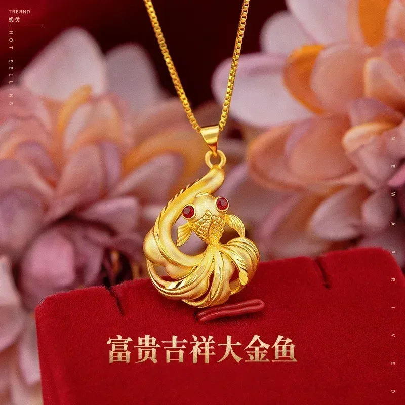 Eldorado Gold  9999 Real Gold Women's goldfish pendant, Japanese and Korean fashion gold version rich goldfish collarbone neckla