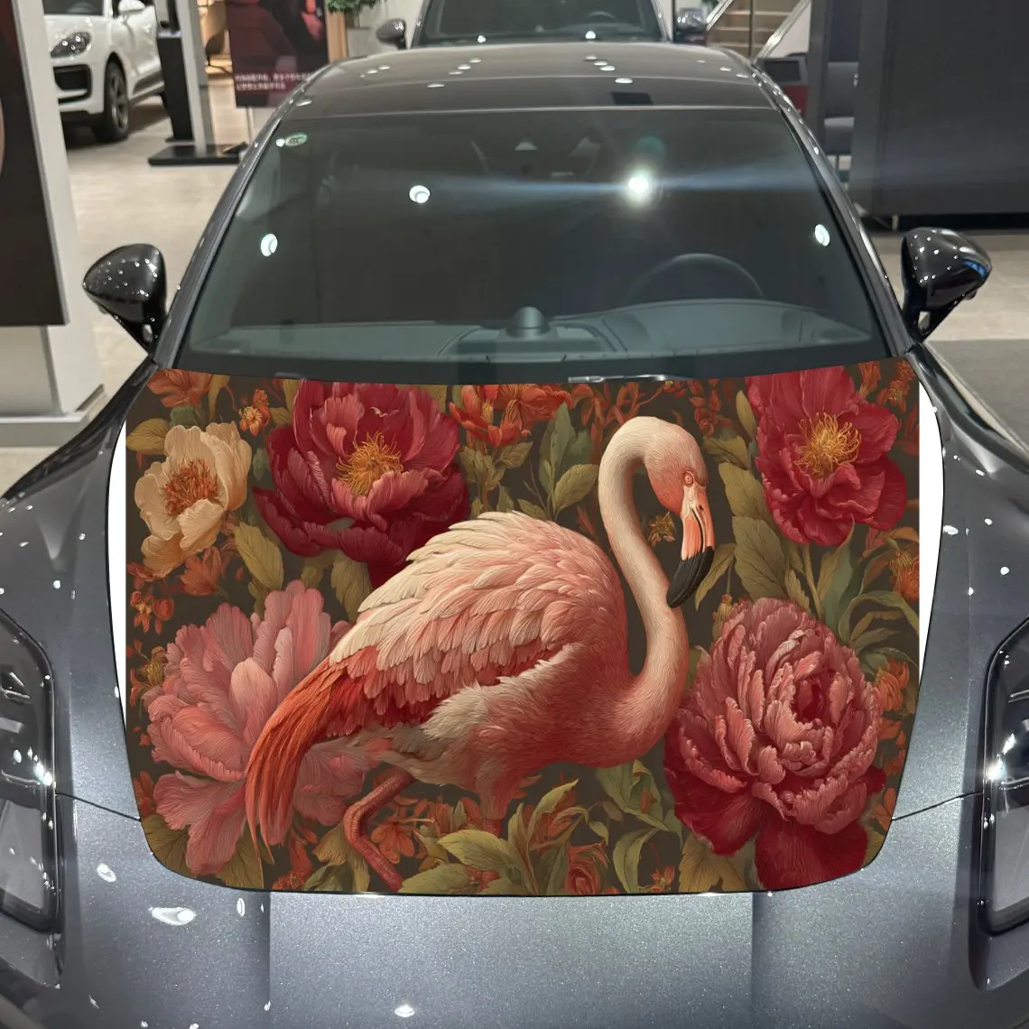 Flamingo Among Peony Flowers Car Hood Vinyl Stickers Car Surface Protection Decal Car Decoration Cover Vinyl Wraps Waterproof Se