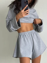 Marthaqiqi Causal Women Pajamas 2 Piece Set Long Sleeve Nightwear O-Neck Nightie Crop Top Nightgowns Shorts Ladies Home Clothes