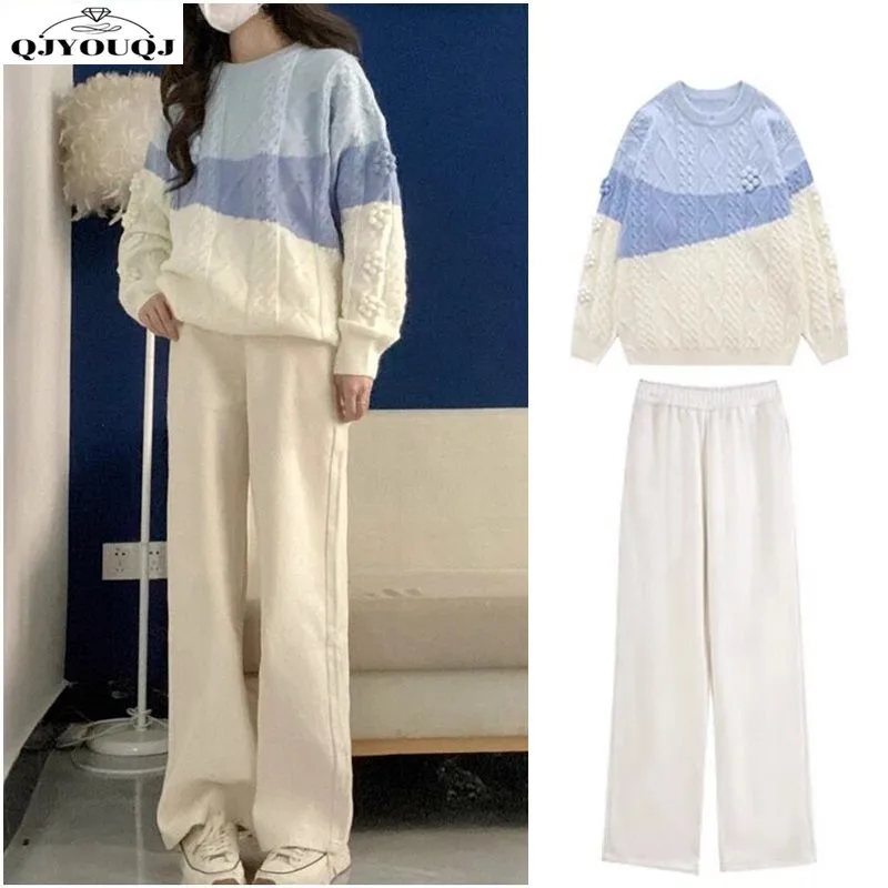 

2024 Autumn/Winter New Women's Set Fashionable Pear shaped High end Knitted Sweater+Wide Leg Pants Two Piece Set