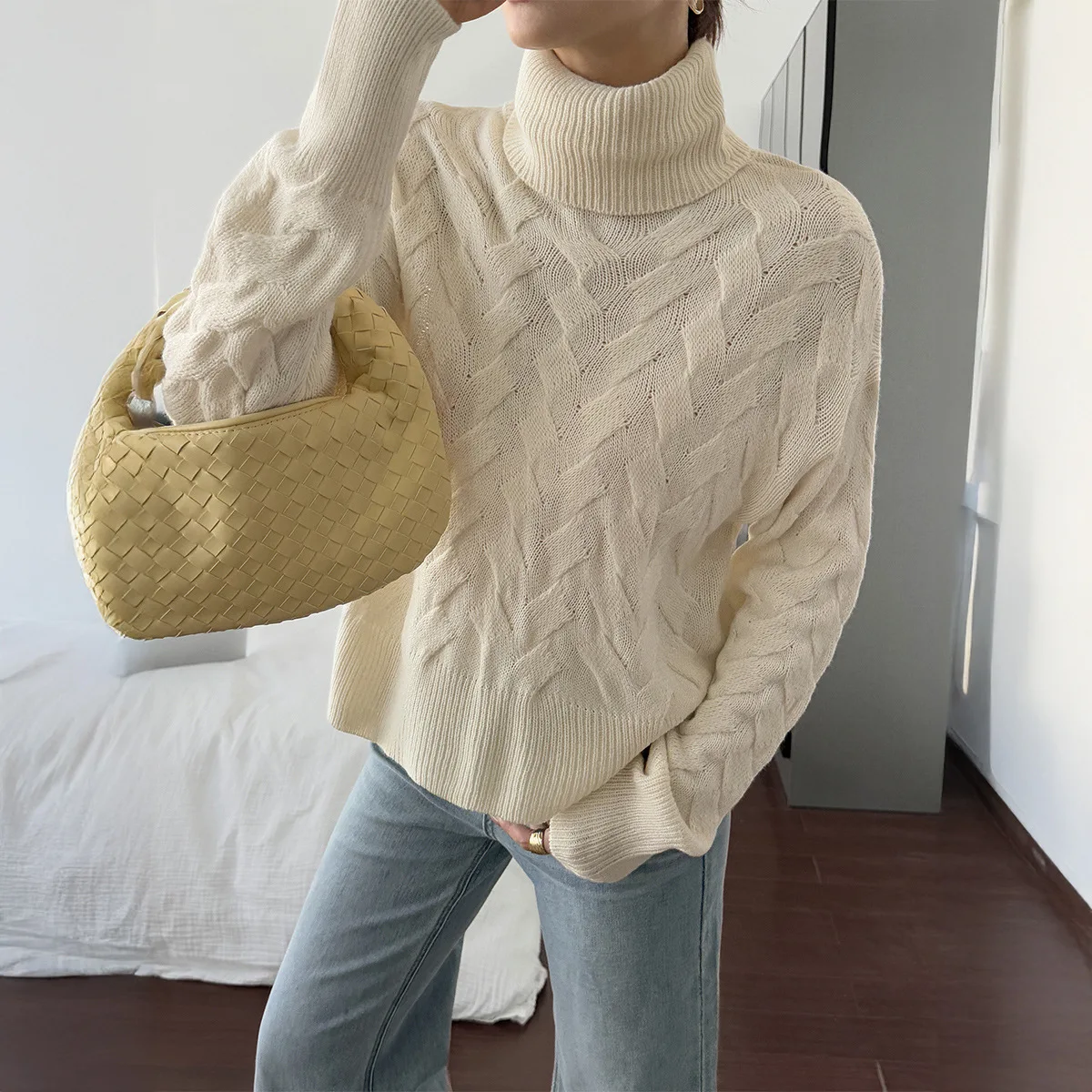 

Осень-зима женский вязаный длинный светящийся повседневный свитер с высоким воротником однотонный независимая станция трансграничная мода