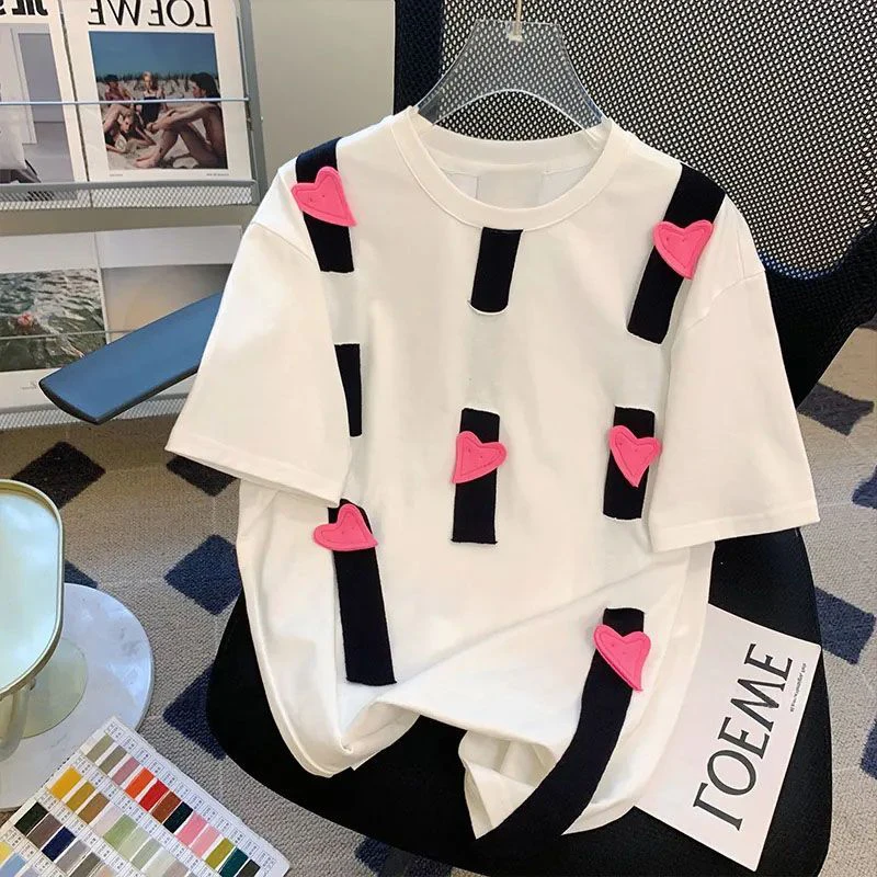 2026 Summer Couple Cotton Short Sleeve Tee Unique 3D Pink Heart Strip Patchwork Loose Oversized Unisex Fashion Crew Neck T Shirt