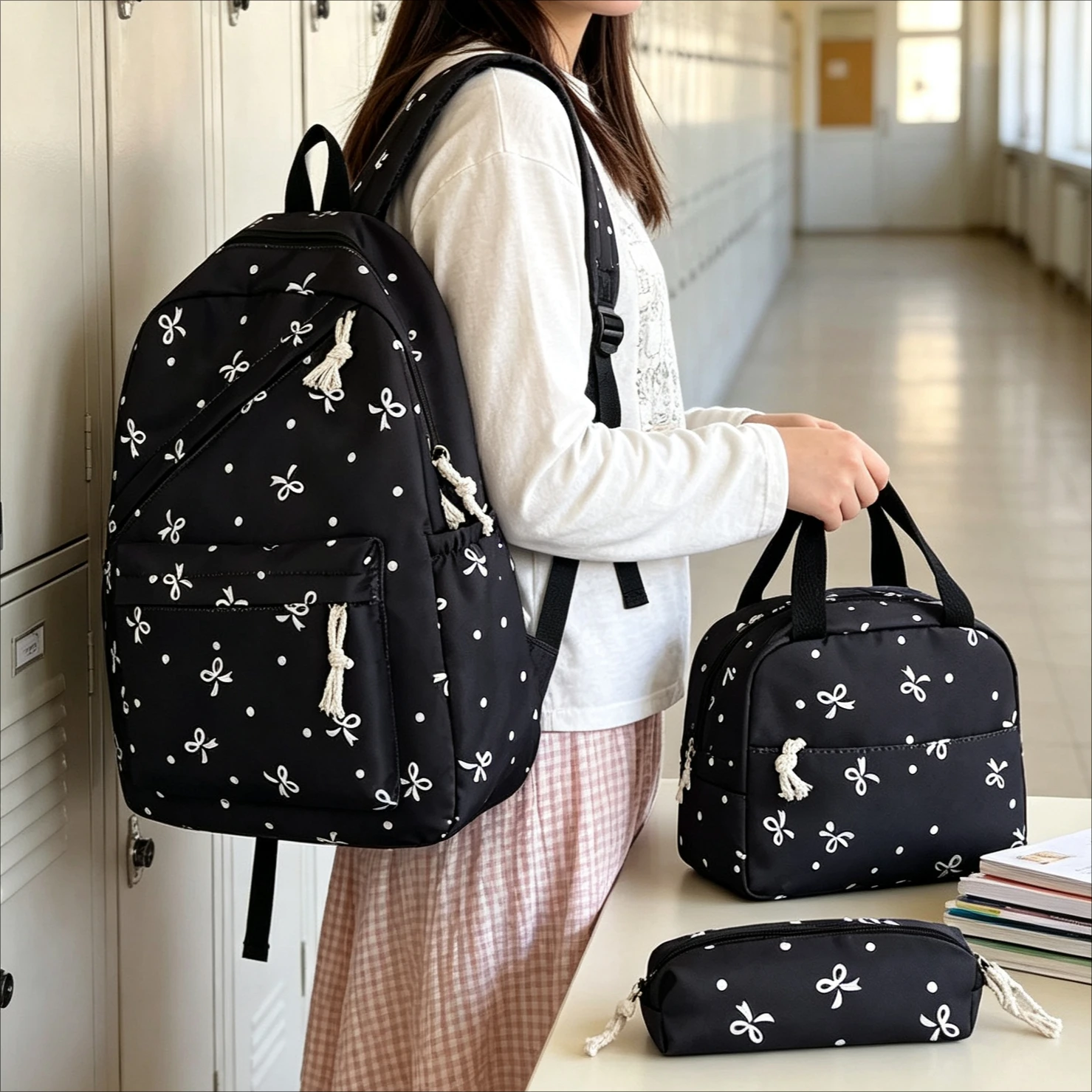 Teen Girls Women Coquette Bow Dot Print 3Pcs Backpack Set Lightweight Laptop Bag Handbag Pencil Case Travel Bookbag