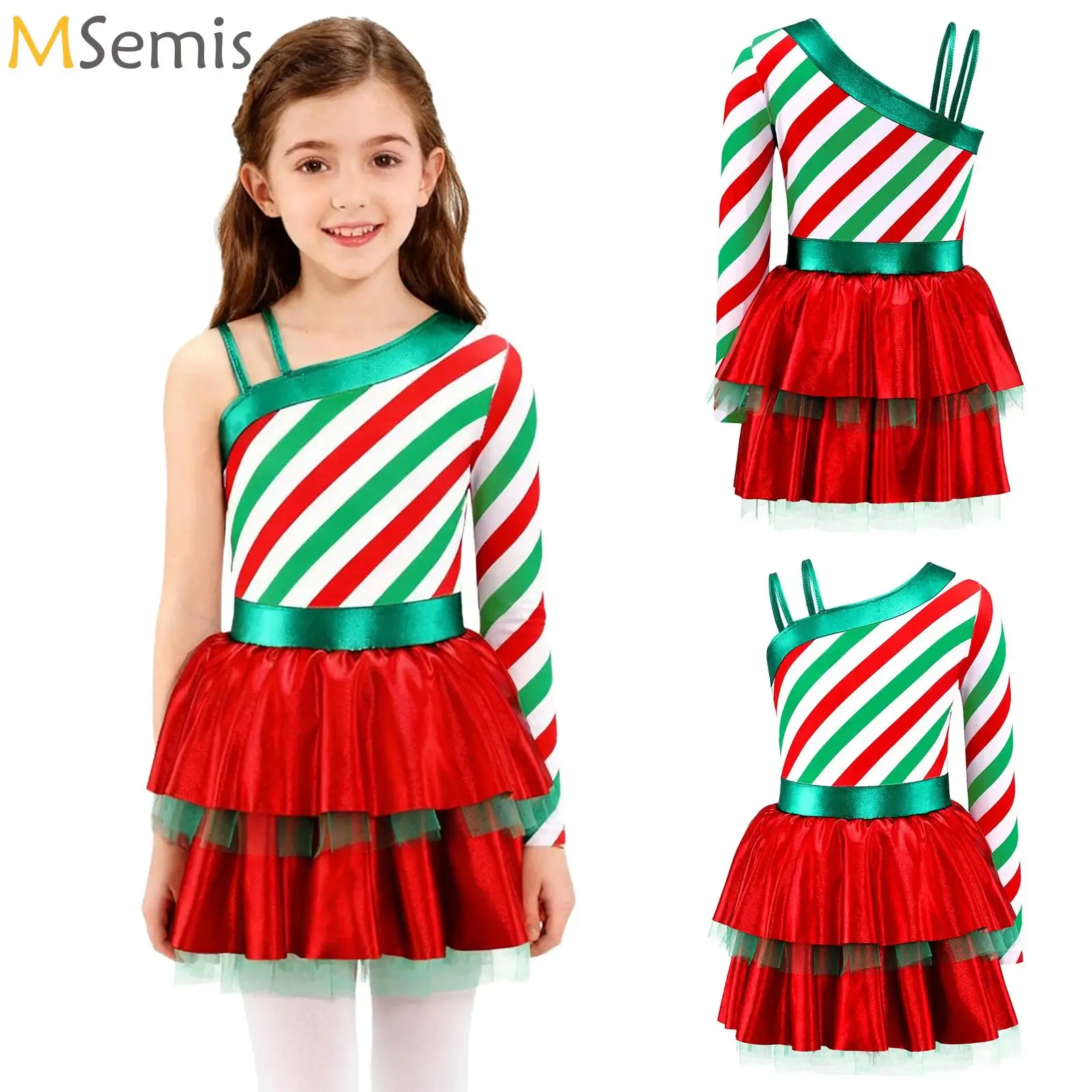 

Girls Christmas Santa Clause Striped Cosplay Dress Kids Red Xmas Party Princess Ruffled Tutu Dress Stage Performance Dancewear