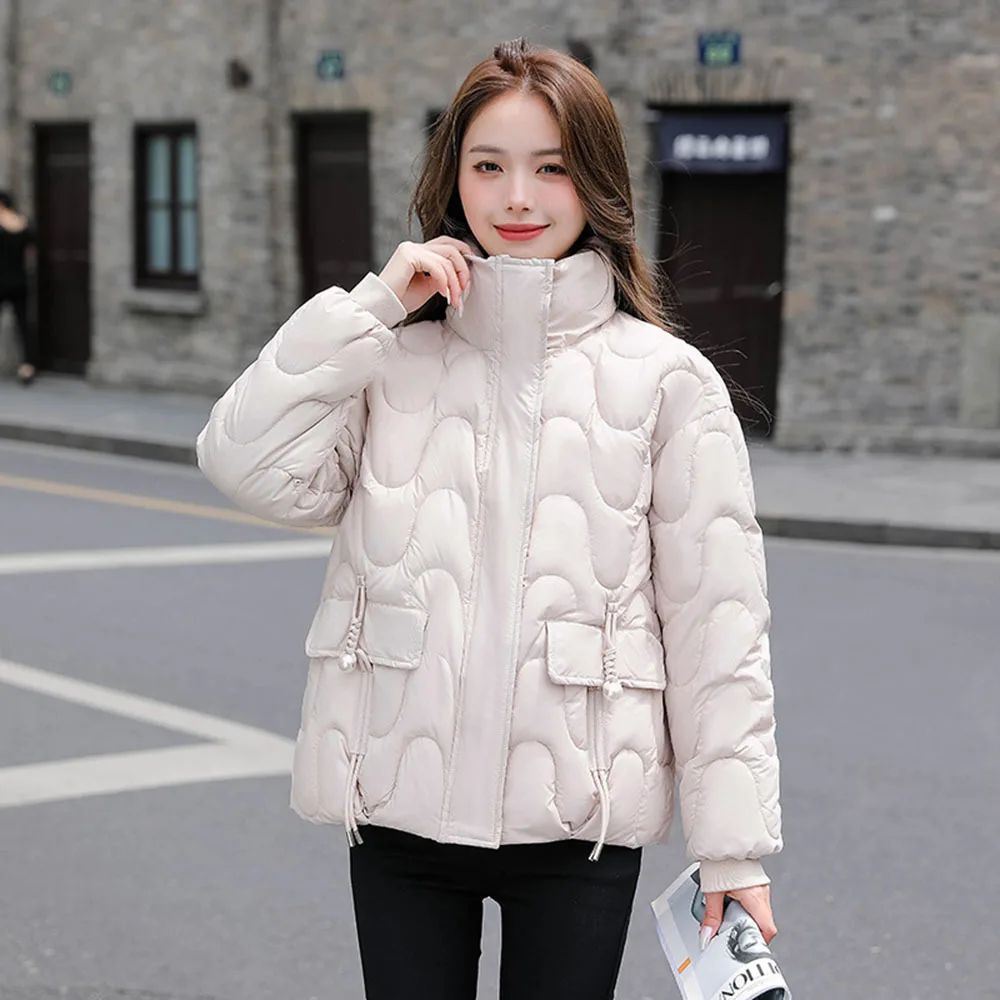 2024New Winter Puffer Jacket Women Fashion Stand Collar Warm Padded Coats Ladies Solid Color Quilted Short Parkas Casual Outwear